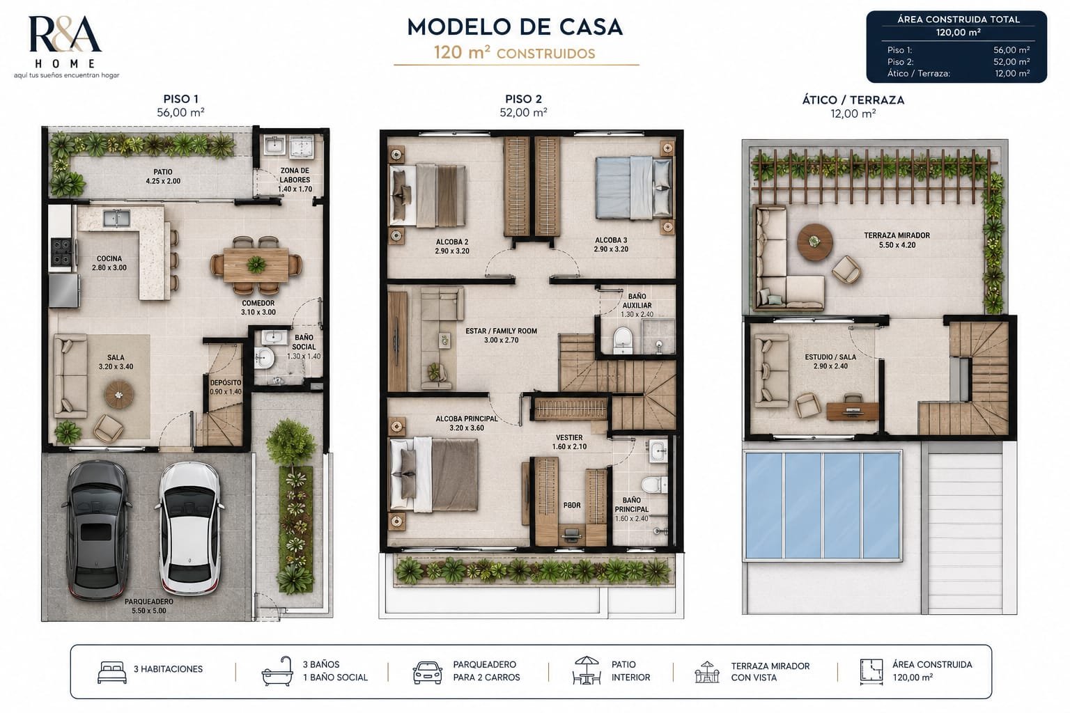 Planos conceptuales de la casa modelo por piso