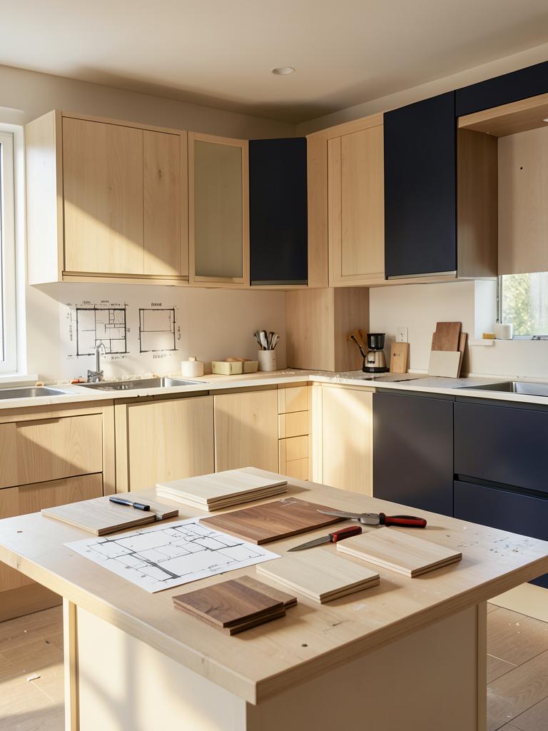Cocina en proceso de diseño y remodelación con planos y muestras de carpintería